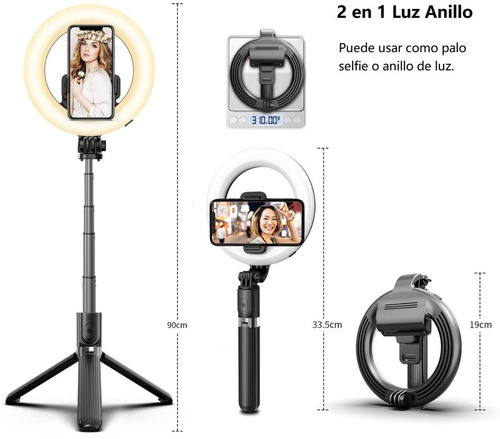 Imagen 3 de 10 de Palo Selfie Bluetooth Stick Celular Aro Luz Tripode 70 Cm