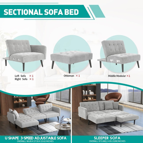 Sofa Cama Convertible Forma L Ajustable Griscl Marca Gyutei