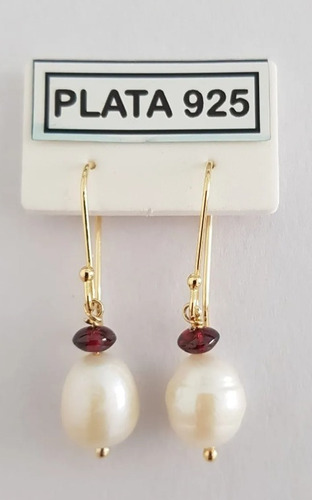 Aros Perlas Biwa/granate Anzuelo Plata 925  Baño De Oro 18k