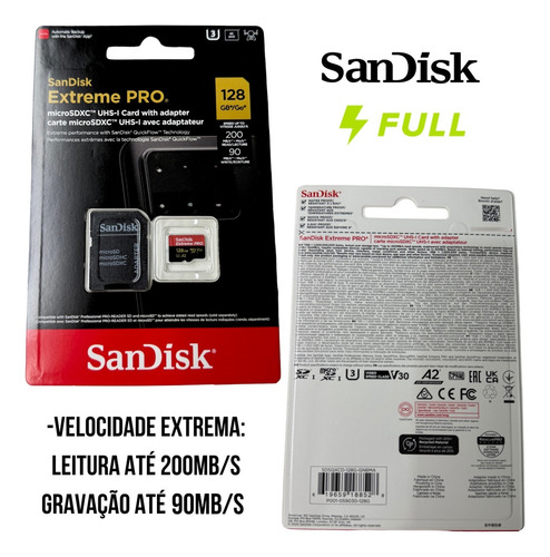 Cartão De Memória Sandisk Extreme Pro 128gb A2 V30 200mb/s