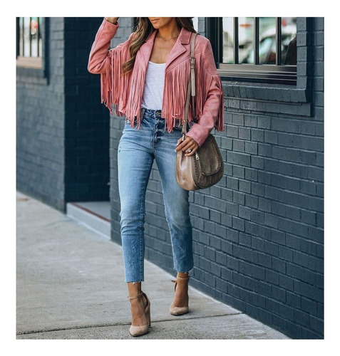 Women's Denim Jacket With Faux Leather Fringes
