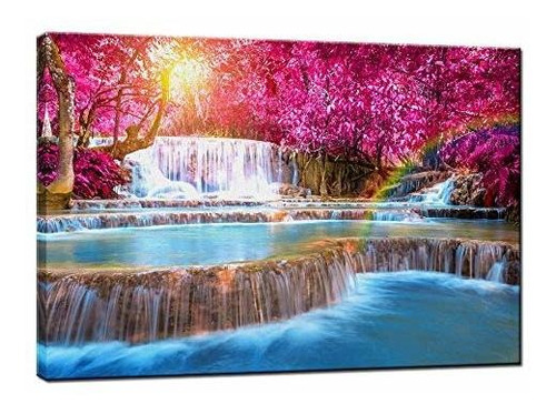 Forest Sunset Canvas Wall Art Dreamlike Blue Waterfall ...