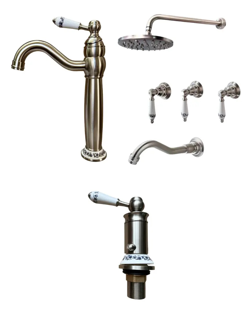 Griferia Completa Baño Set Completo Lavatorio Ducha Bidet Níquel