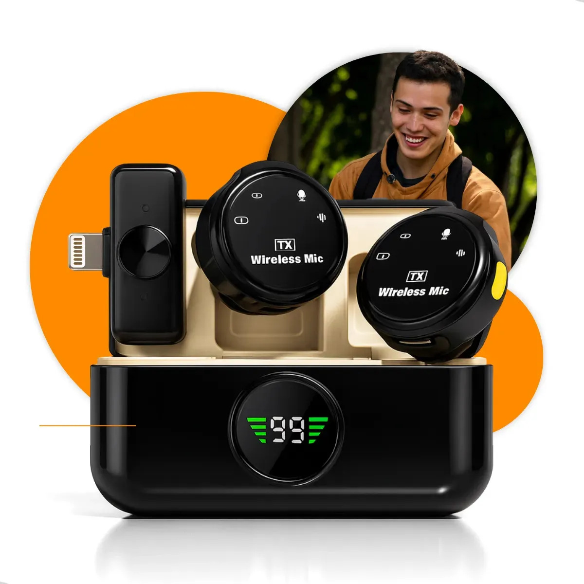 Microfone Lapela Redondo Imã Sem Fio Preto Duplo Anti Ruído Cor Preto - Lightning IPhone 8 ao 14