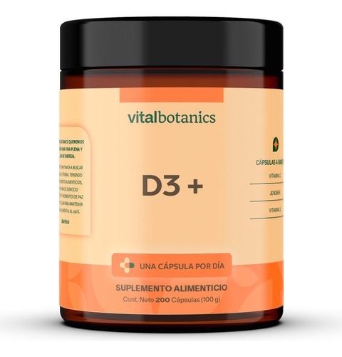 Vitamina D3 + con 200 capsulas de 500mg Suplemento a base de Vitamina D, Vitamina C, Raíz de Jengibre en polvo VitalBotanics Gluten Free