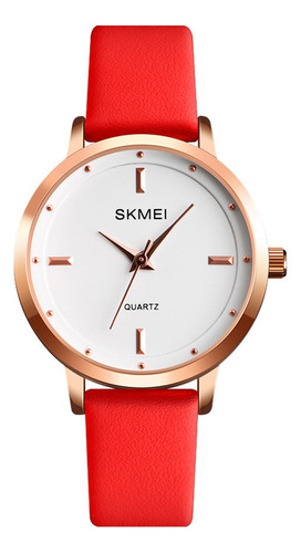 Reloj Mujer Skmei 1457 Cuero Ecologico Minimalista Elegante Malla Rojo Bisel Dorado