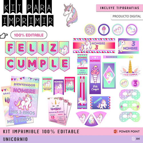 Kit Imprimible Cumpleaños + Candy Editable - Unicornio