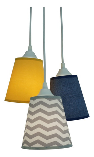 Lustre Infantil 3 Cúpulas Chevron Cinza, Jeans E Amarelo Cor Azul, Amarelo, Cinza 110v/220v (bivolt)