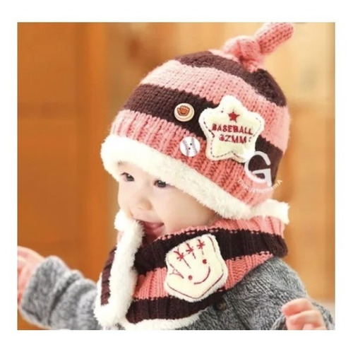 Imagen 3 de 3 de Set De Bebé Gorro Con Cuello De Lana Rayado Forrado