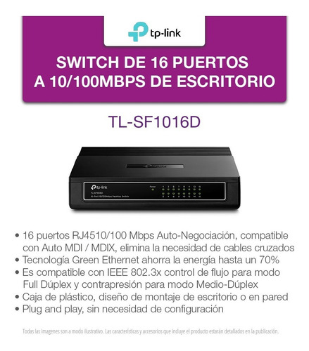 Switch 16 Bocas Tp-link Tl-sf1016d 16 Puertos 10/100mbps Pc