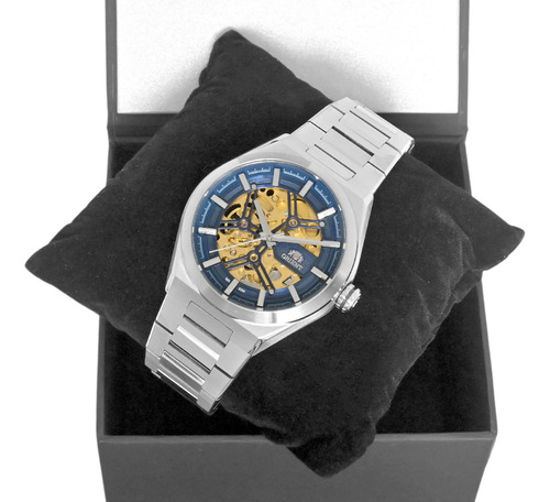 Relógio Orient Automático Skeleton Nh7ss006 D1sx Correia Prateado Bisel Prateado Fundo Azul/dourado