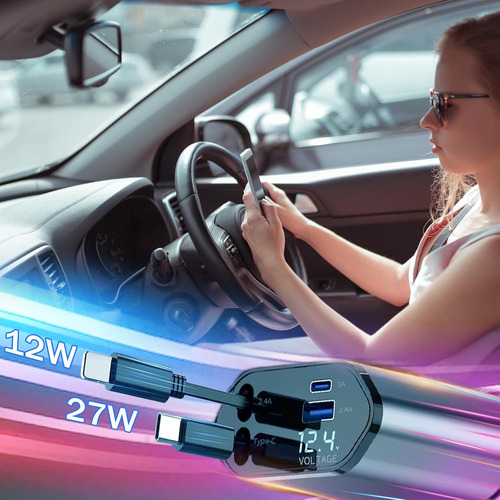 4 En 1 cargador retráctil de coche de carga rápida de 120w cargador carga rapida gris oscuro cables 80cm Vone usb-c color negro