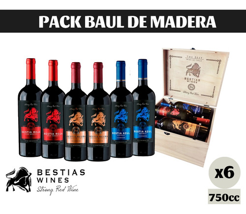 Pack 6x Vinos Bestias Collection Baúl Madera Carmenere