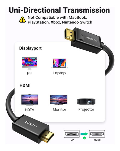 Cable Ugreen 10203 Dp A Hdmi 3m Negro 4k 30hz