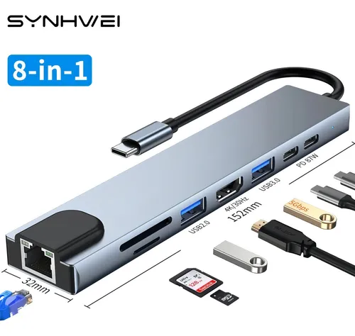 Adaptador Hub Usb-c 8n1 Hdmi Usb 3.0 Micro Sd Rj45 + Aliment