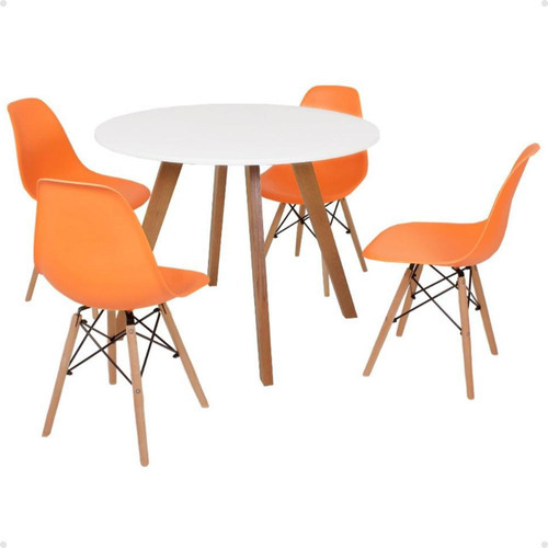 Mesa Inês 100cm Branca + 4 Cadeiras Eames Eiffel Cor Laranja