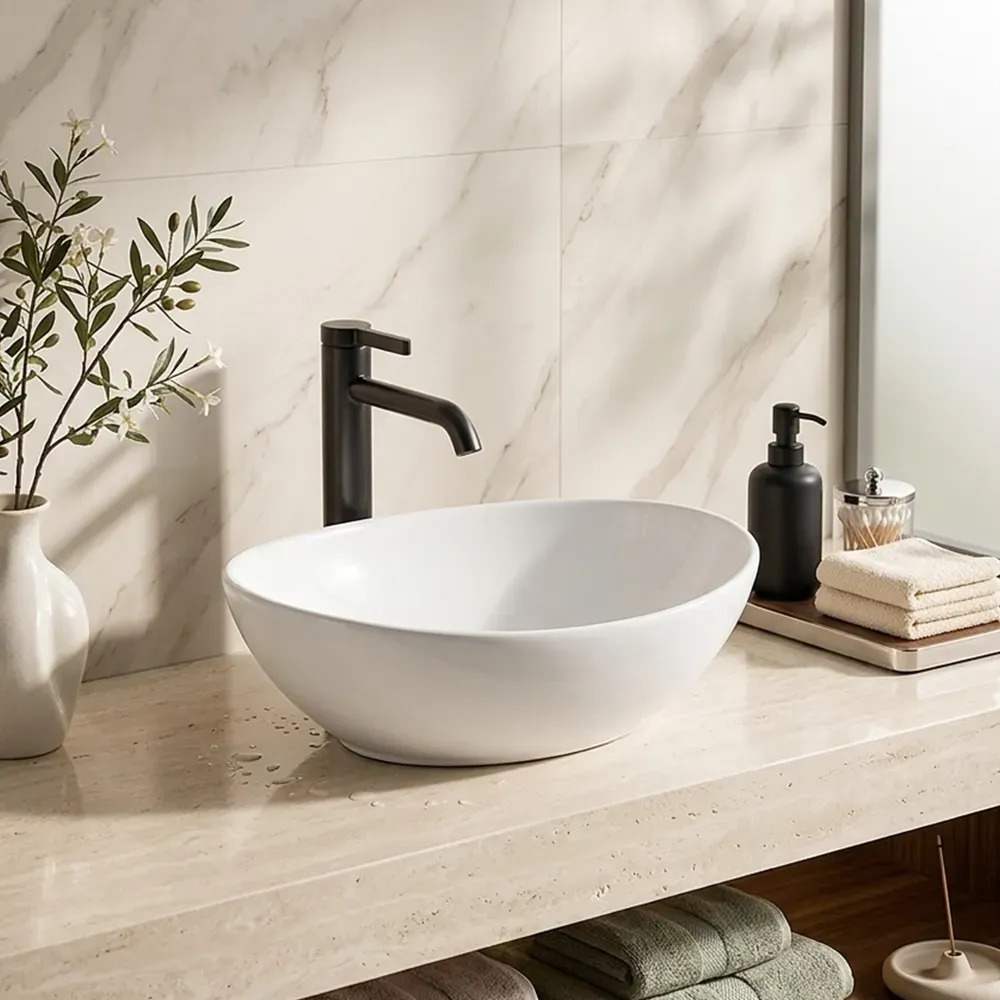 Cuba Oval Para Banheiro Ducaly 41x34cm Em Cerâmica Branca De Alta Qualidade Com Design Moderno Acabamento Esmaltado Fácil Limpeza Para Lavabo