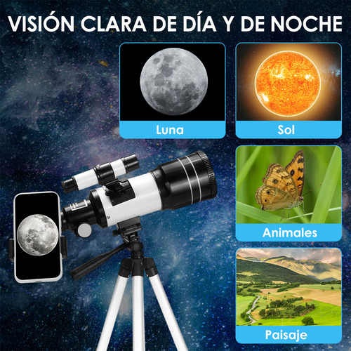 Telescopio Astronómico Profesional 70/300mm 150x Remoto Bluetooth con Adaptador para Smartphone Nasjac Blanco