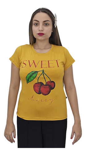 Camiseta Feminina Cereja Estampada Larga Cores Modinha