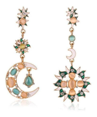 Aretes Largos Con Luna Y Sol Asimétrico Opal Moda 1par