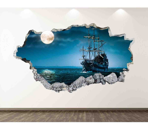 Vinilo 3d Pared Rota Barco Pirata Luna Mar Infantil