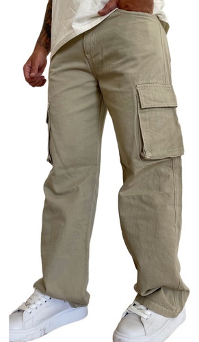 Pantalon Cargo Beige Jean Mom Premium Denim Relaxed Hombre 