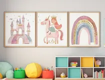 Comprar Cuadros Infantiles Nordicos Set De 3 Nena 30x40 Castillo
