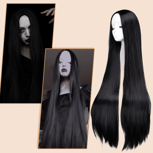 Peluca Negra Larga Para Mujer, Natural Para Uso Diario Color Negro Tamaño De La Base M