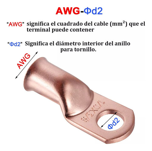 10 Terminales De Batería De Cable 100% Cobre, 1/0 Awg-3/8 Ocre