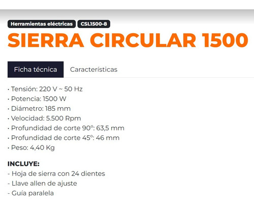 Sierra Circular 185mm Eléctrica 1500w 2hp + Acc Lusqtoff
