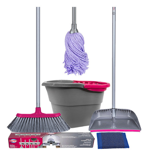 Reynera Kit Organizador: Fibra Extreme, Escoba MAgnetic-A, Mop Microfibra, Cubeta Con Exprimidor, Colgador De Escobas, Recogedor Con Peine Quita Pelusa