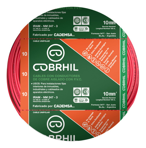 Cable Unipolar Normalizado Cobrhil 10 Mm 100 Mts Rojo