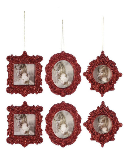 Kit Porta Retrato Gliter Vermelho Para Árvore Natal 10cm 6pç