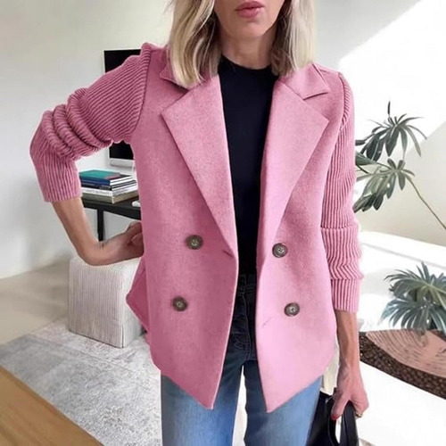 Women's Lapel Button Knitted Patchwork Sleeve Casual Coat