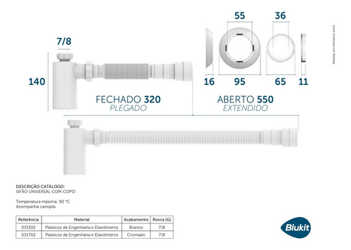 Sifão Copo Extensivo Universal P/ Lavatório Branco Blukit