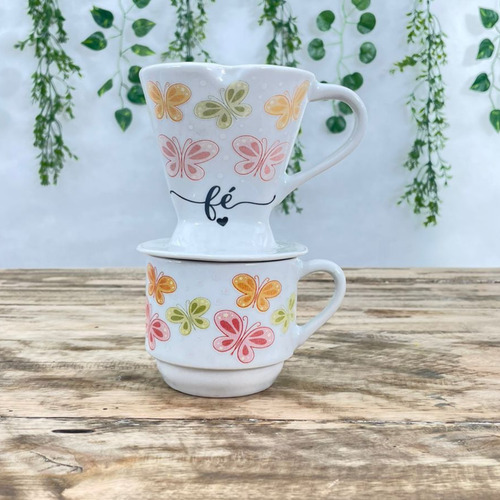 Coador De Café Em Porcelana + Xicara 200ml - Borboletas
