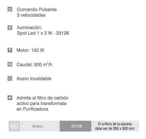 Campana Extractor Cocina Llanos Embutible 60 Bajo Alacena