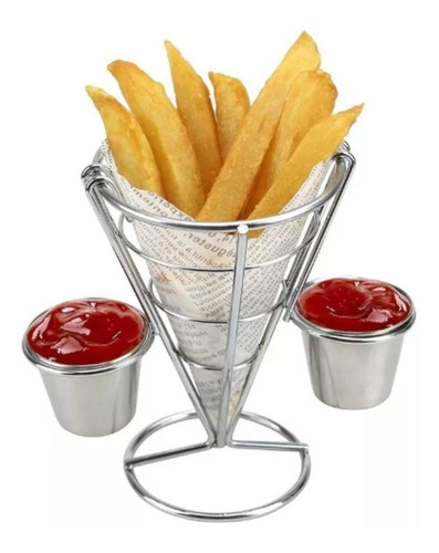 Petisqueira Cone Com Molheira Porta Batata Frita Inox