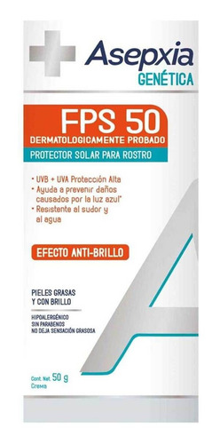 Protector Solar Asepxia Genética Fps 50 Efecto Matificante Resiste Al Agua 50g