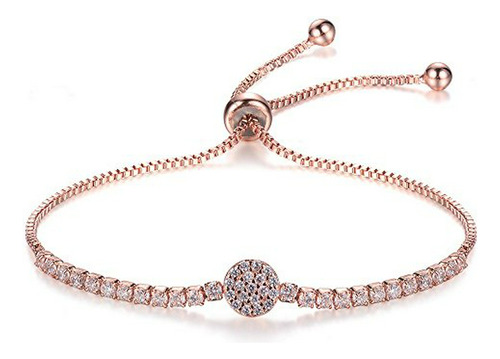 Pulsera Ajustable Micropave Bolo Oro Rosa/blanco 14k