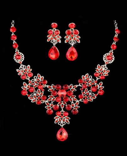 Conjunto Colar Brinco Prateado Vermelho Strass Festa Luxo