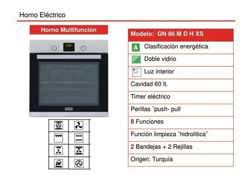Imagen 3 de 6 de Horno Franke Spar Gn 86 M D H Xs Electrico Empotrar 60lts