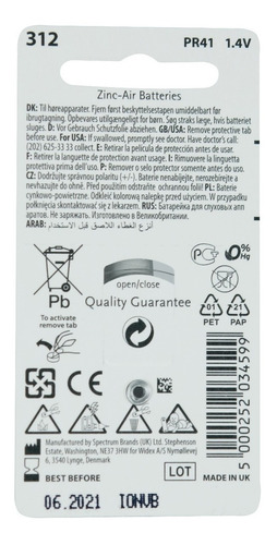 6 Pilas Para Audífono #312. Marca Widex. Pr 41 1.4 V