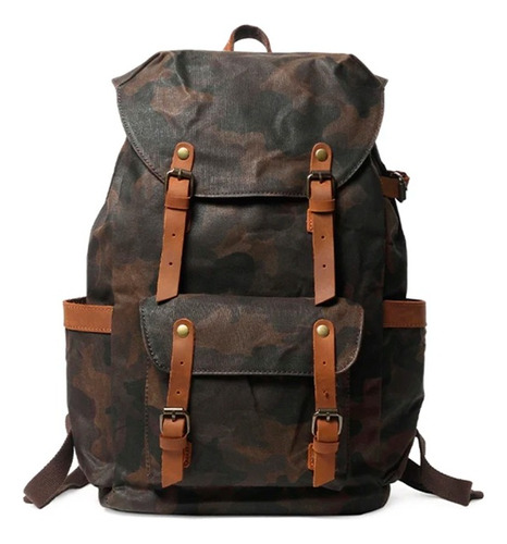 Mochila Táctica Camuflada Militar Canvas Cuero Retro Perú