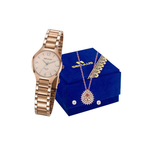 Relógio Seculus Feminino Colar Brincos 77042lpsvra1k1 E Nota