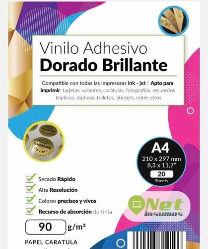 Papel Vinilo Adhesivo Dorado Imprimible A4 20h 90gr