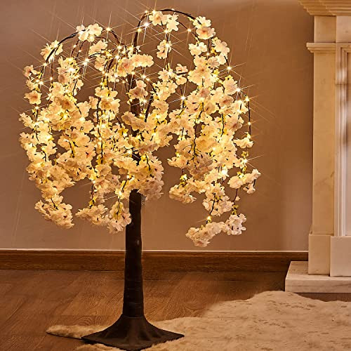 Árbol De Cerezo Flor Rosa Luces 4 Pies 180 Luces Led D...