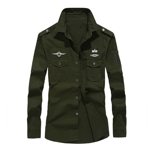 Camisa De Hombre Otoño Militar Cargo Slim Botón Manga Larga