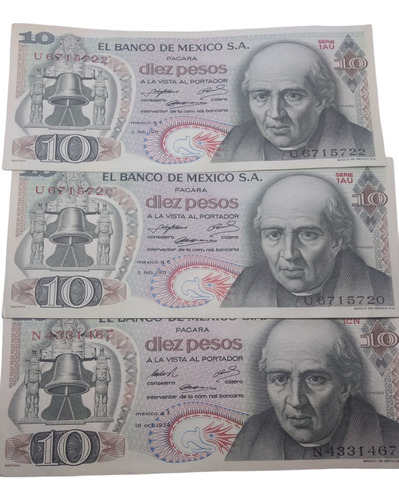 3 Billetes $10 Pesos  Hidalgo 1973 Excelente Estado