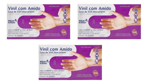 Luvas Vinil Volk Com 100un Media Com Amido - Kit C/3un